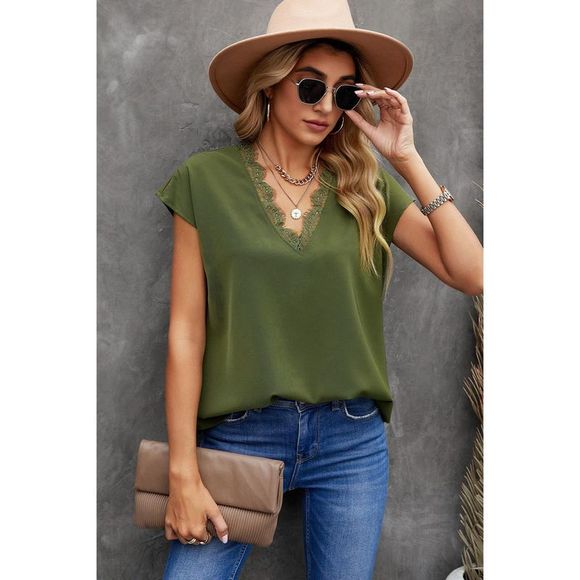 Azura Exchange  Green V Neck Lace Trim T-shirt - Picture 4 of 15